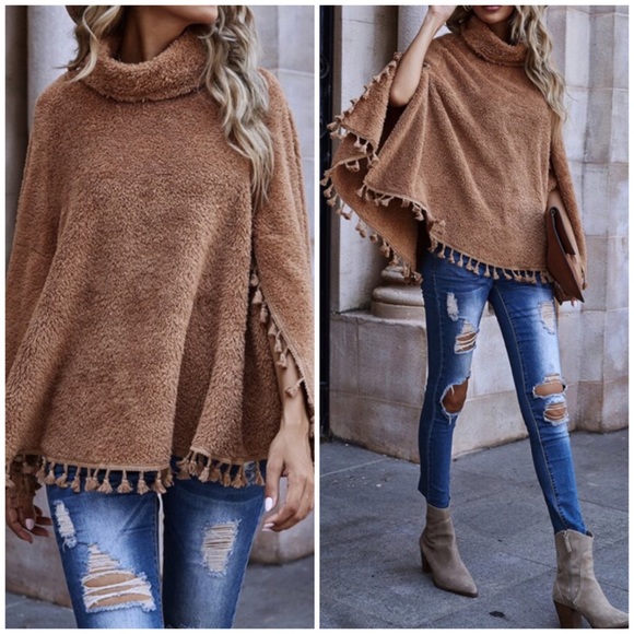 Sweaters - CLEARANCE Soft Teddy Faux Fur Fringe Turtleneck Cape